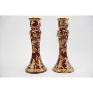 Andrea by Sadek Burgundy Gold Floral Candlesticks Pair 10.5" Tall Decorative